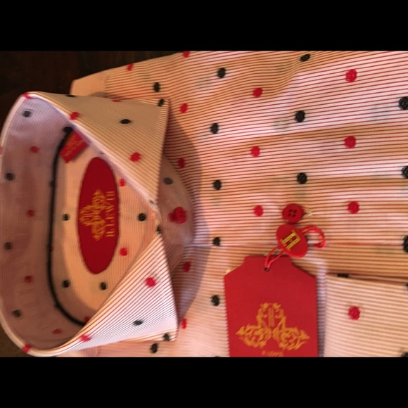 NEW Robert Lewis Dress Shirt Red/Black Polka Dots - Picture 2 of 6